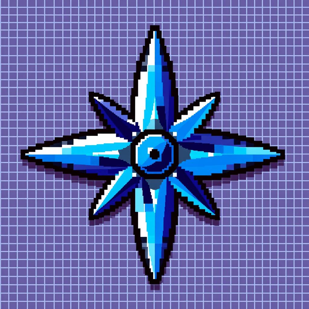 A vibrant pixel art representation of a ninja shuriken, depicted in a stylized, retro video game aesthetic