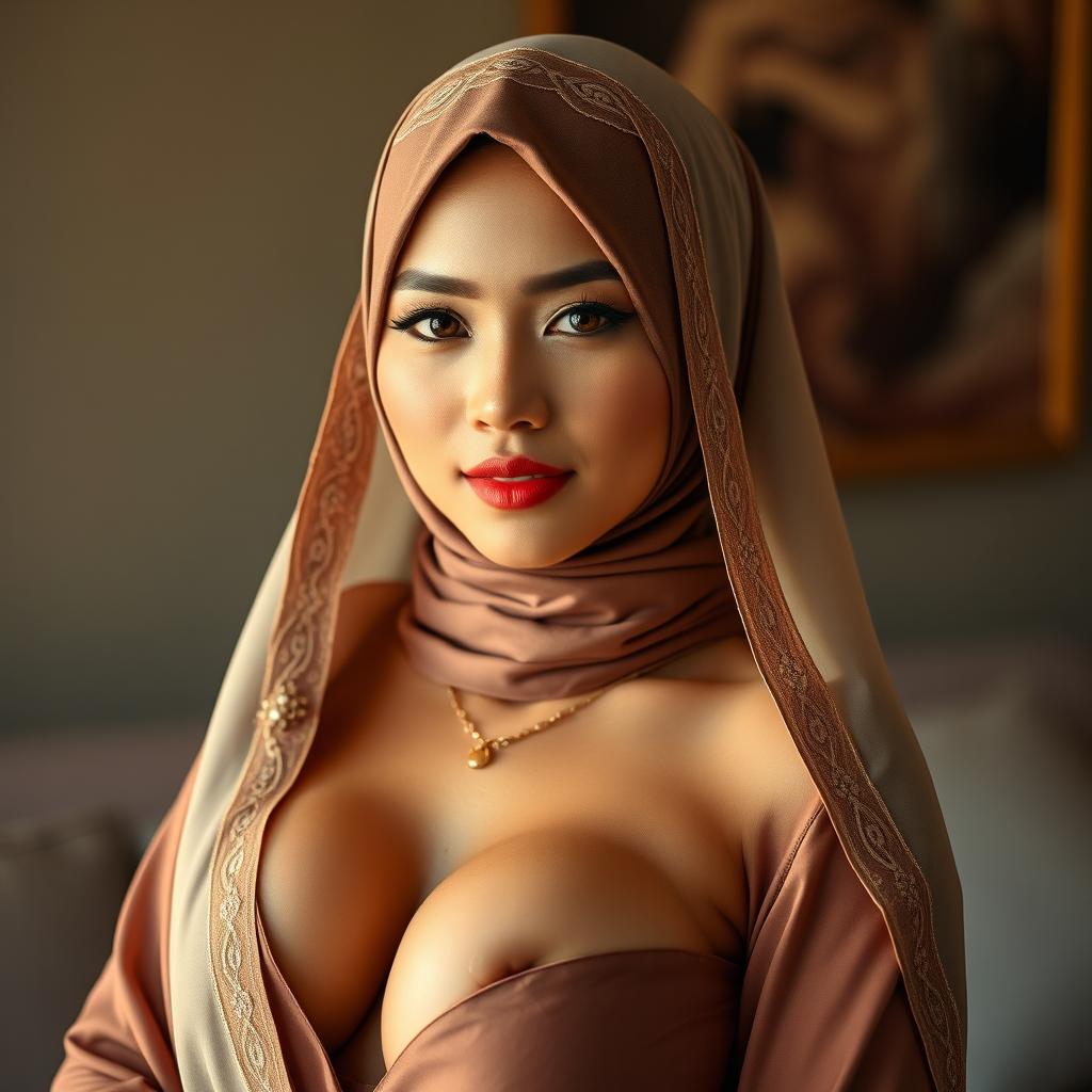 A stunning, sexy Indonesian woman wearing a beautiful, intricately designed hijab, accentuating her charm and femininity