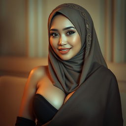 A stunning, sexy Indonesian woman wearing a beautiful, intricately designed hijab, accentuating her charm and femininity