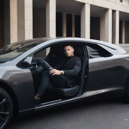 Create an image of a sleek, modern car with a stylish person sitting in the driver's seat. They should appear confident and the scene should evoke a sense of luxury and speed.