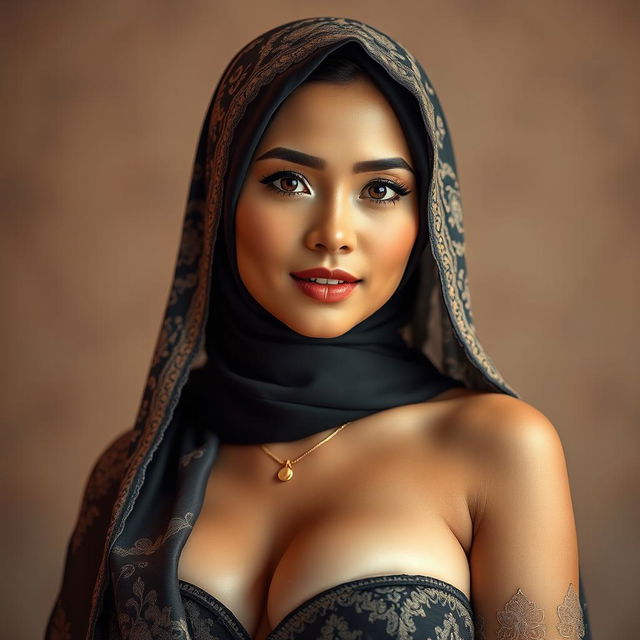 A stunning, sexy Indonesian woman wearing a beautiful, intricately designed hijab, accentuating her charm and femininity