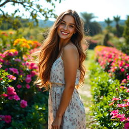 A beautiful 20-year-old woman standing gracefully in a lush garden filled with vibrant flowers and greenery