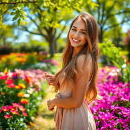 A beautiful 20-year-old woman standing gracefully in a lush garden filled with vibrant flowers and greenery