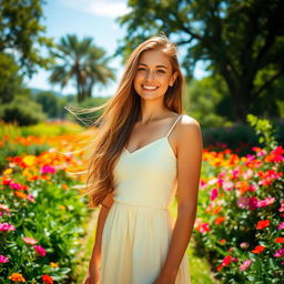 A beautiful 20-year-old woman standing gracefully in a lush garden filled with vibrant flowers and greenery