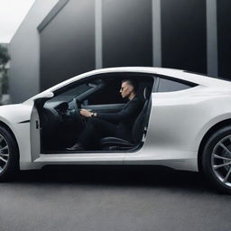 Create an image of a sleek, modern car with a stylish person sitting in the driver's seat. They should appear confident and the scene should evoke a sense of luxury and speed.