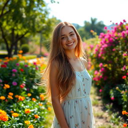 A beautiful 20-year-old woman standing gracefully in a lush garden filled with vibrant flowers and greenery