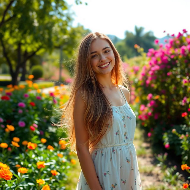 A beautiful 20-year-old woman standing gracefully in a lush garden filled with vibrant flowers and greenery