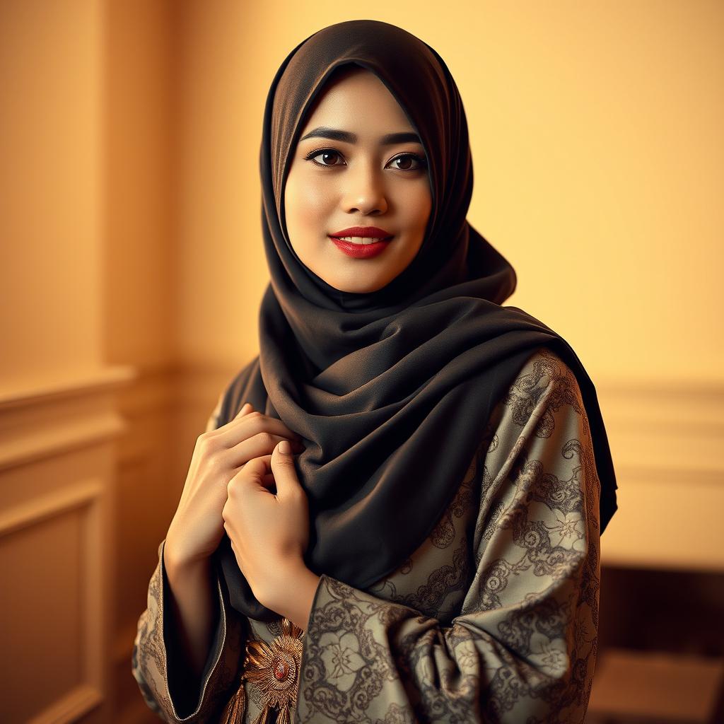 A beautiful Indonesian woman exuding confidence and grace, wearing a stylish hijab