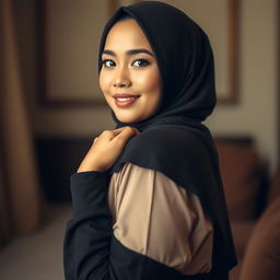 A beautiful Indonesian woman exuding confidence and grace, wearing a stylish hijab