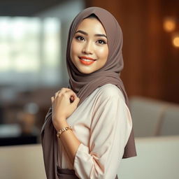 A beautiful Indonesian woman exuding confidence and grace, wearing a stylish hijab