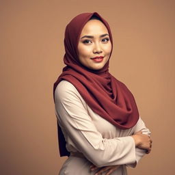 A beautiful Indonesian woman exuding confidence and grace, wearing a stylish hijab