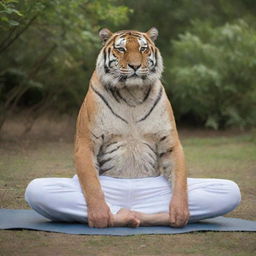 An elderly, wise tiger practicing yoga in a serene environment