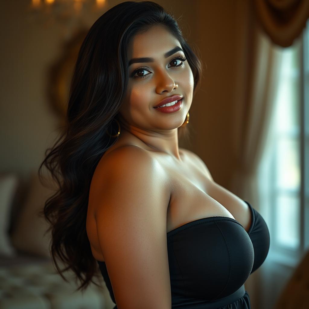 A captivating Indonesian woman posed artistically, showcasing her large, round, and solid curves in a tasteful and confident manner