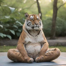 An elderly, wise tiger practicing yoga in a serene environment