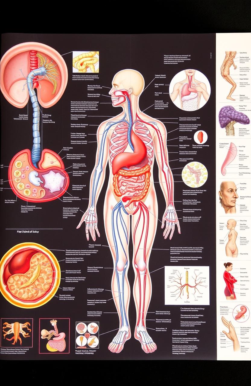 Anatomy, physiology, and pathophysiology of humans, with detailed illustrations of human anatomy, highlighting organ systems such as the circulatory, respiratory, digestive, and nervous systems