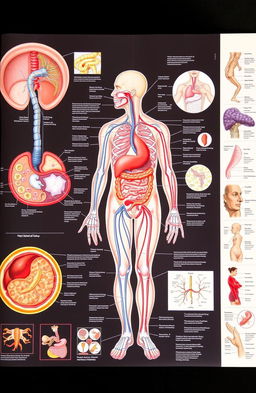 Anatomy, physiology, and pathophysiology of humans, with detailed illustrations of human anatomy, highlighting organ systems such as the circulatory, respiratory, digestive, and nervous systems