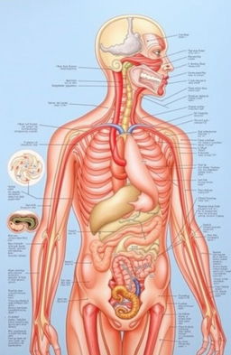 Anatomy, physiology, and pathophysiology of humans, with detailed illustrations of human anatomy, highlighting organ systems such as the circulatory, respiratory, digestive, and nervous systems