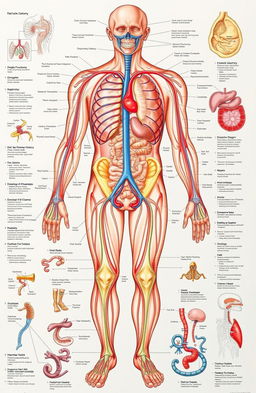 Anatomy, physiology, and pathophysiology of humans, with detailed illustrations of human anatomy, highlighting organ systems such as the circulatory, respiratory, digestive, and nervous systems