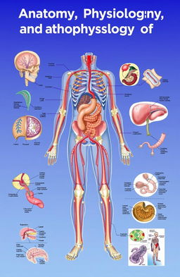 Anatomy, physiology, and pathophysiology of humans, with detailed illustrations of human anatomy, highlighting organ systems such as the circulatory, respiratory, digestive, and nervous systems