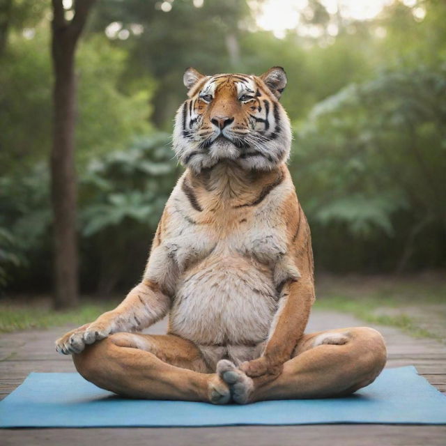 An elderly, wise tiger practicing yoga in a serene environment