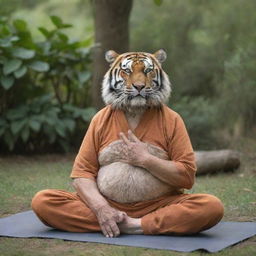 An elderly, wise tiger practicing yoga in a serene environment