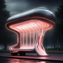 A captivating supernatural yet super beautiful futurist bus stop, rich in advanced technology and ethereal elements.