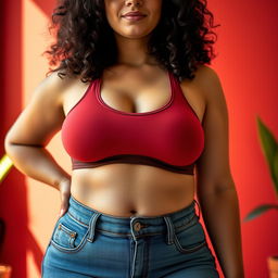 A curvy European woman with fair skin, confidently wearing a stylish sports bra that emphasizes her ample breast size