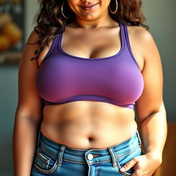 A curvy European woman with fair skin, confidently wearing a stylish sports bra that emphasizes her ample breast size