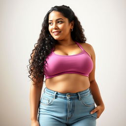 A curvy European woman with fair skin, confidently wearing a stylish sports bra that emphasizes her ample breast size