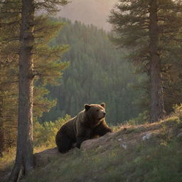 A peaceful, full grown bear in the wilds of Iran, slumbering softly amidst towering trees, rugged mountains and a dazzling sunset.