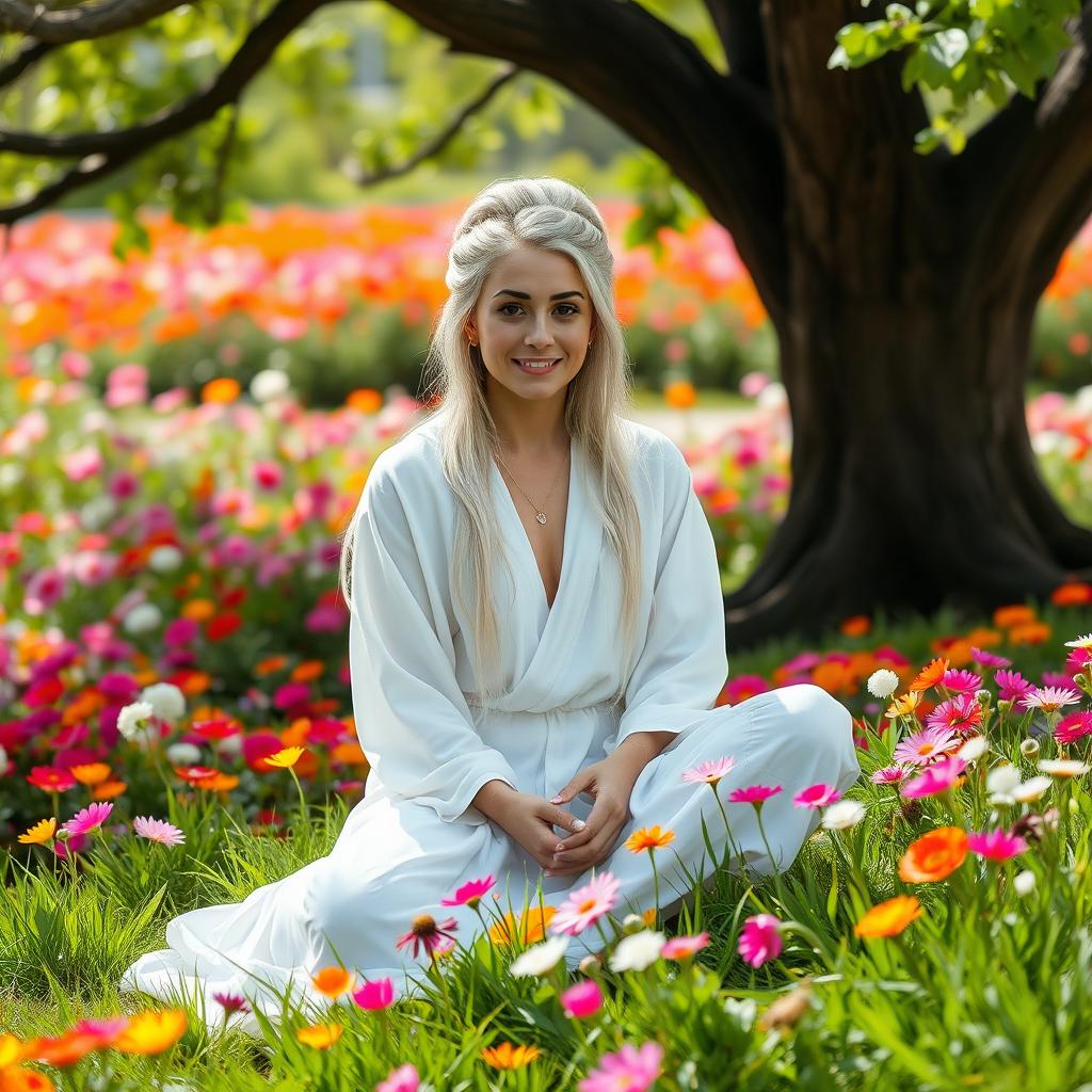 A beautiful and young female spiritual teacher sitting gracefully in a vibrant flower garden