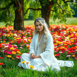 A beautiful and young female spiritual teacher sitting gracefully in a vibrant flower garden