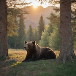 A peaceful, full grown bear in the wilds of Iran, slumbering softly amidst towering trees, rugged mountains and a dazzling sunset.