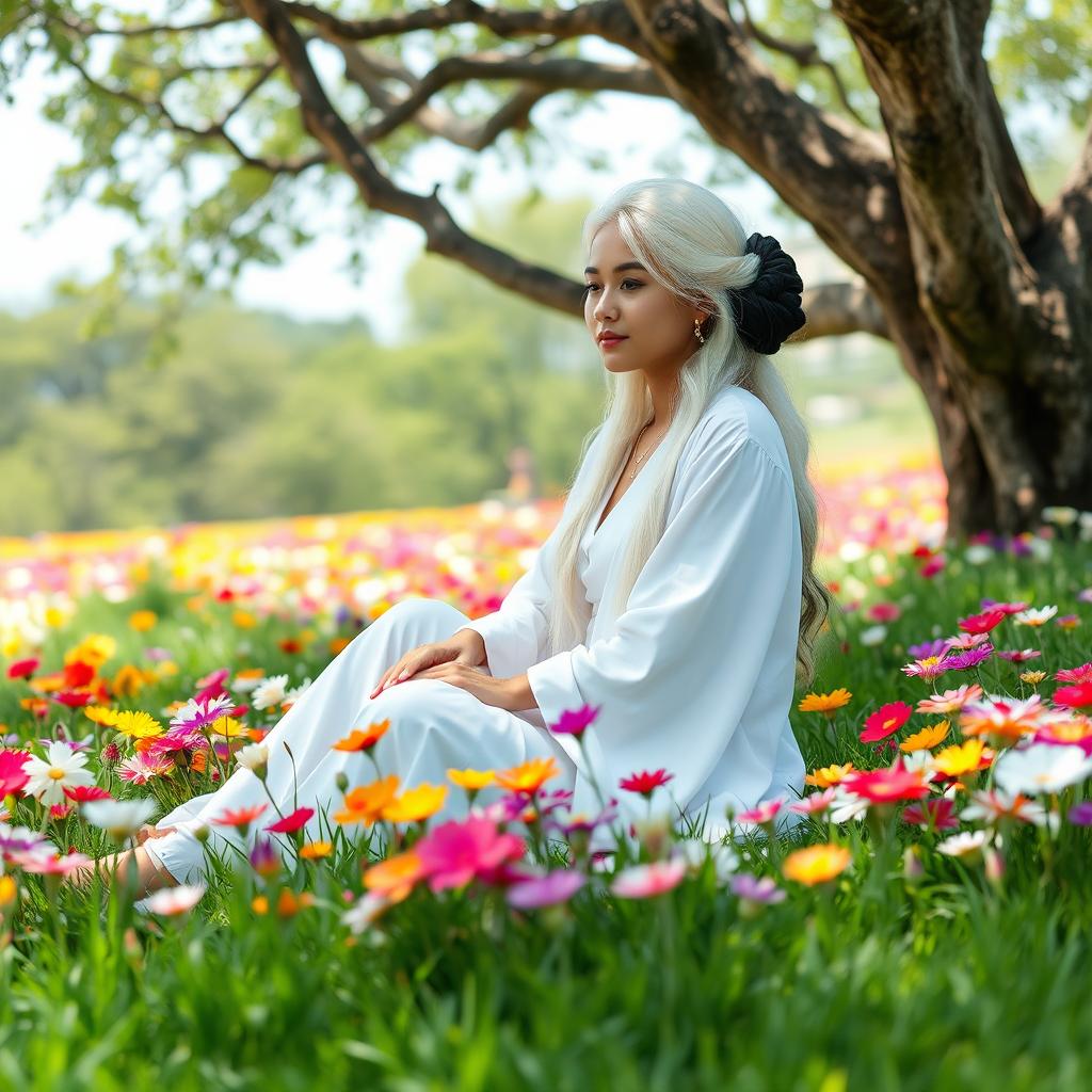 A beautiful and young female spiritual teacher sitting gracefully in a vibrant flower garden