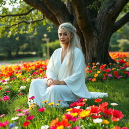 A beautiful and young female spiritual teacher sitting gracefully in a vibrant flower garden