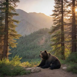 A peaceful, full grown bear in the wilds of Iran, slumbering softly amidst towering trees, rugged mountains and a dazzling sunset.