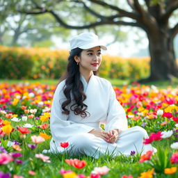 A beautiful and young female spiritual teacher sitting serenely in a vibrant flower garden filled with colorful blossoms