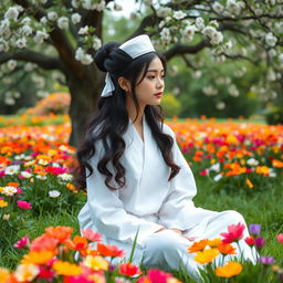 A beautiful and young female spiritual teacher sitting serenely in a vibrant flower garden filled with colorful blossoms