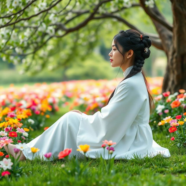 A beautiful and young female spiritual teacher sitting serenely in a vibrant flower garden filled with colorful blossoms