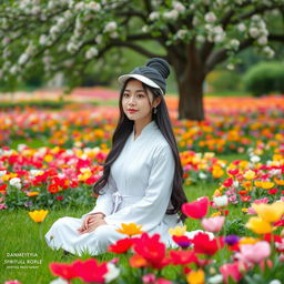 A beautiful and young female spiritual teacher sitting serenely in a vibrant flower garden filled with colorful blossoms