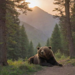 A peaceful, full grown bear in the wilds of Iran, slumbering softly amidst towering trees, rugged mountains and a dazzling sunset.