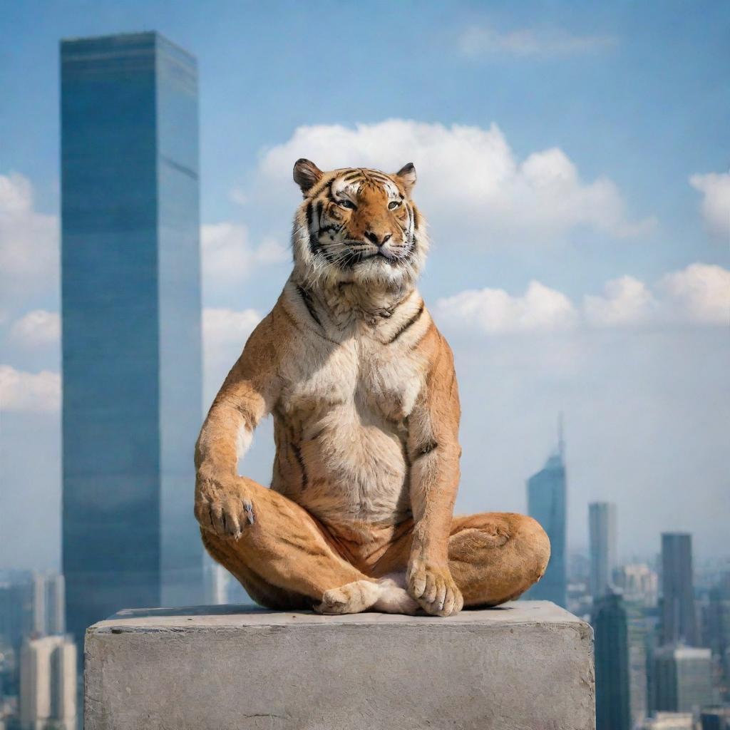 An aged, wise tiger performing yoga at the top of a skyscraper against the sky