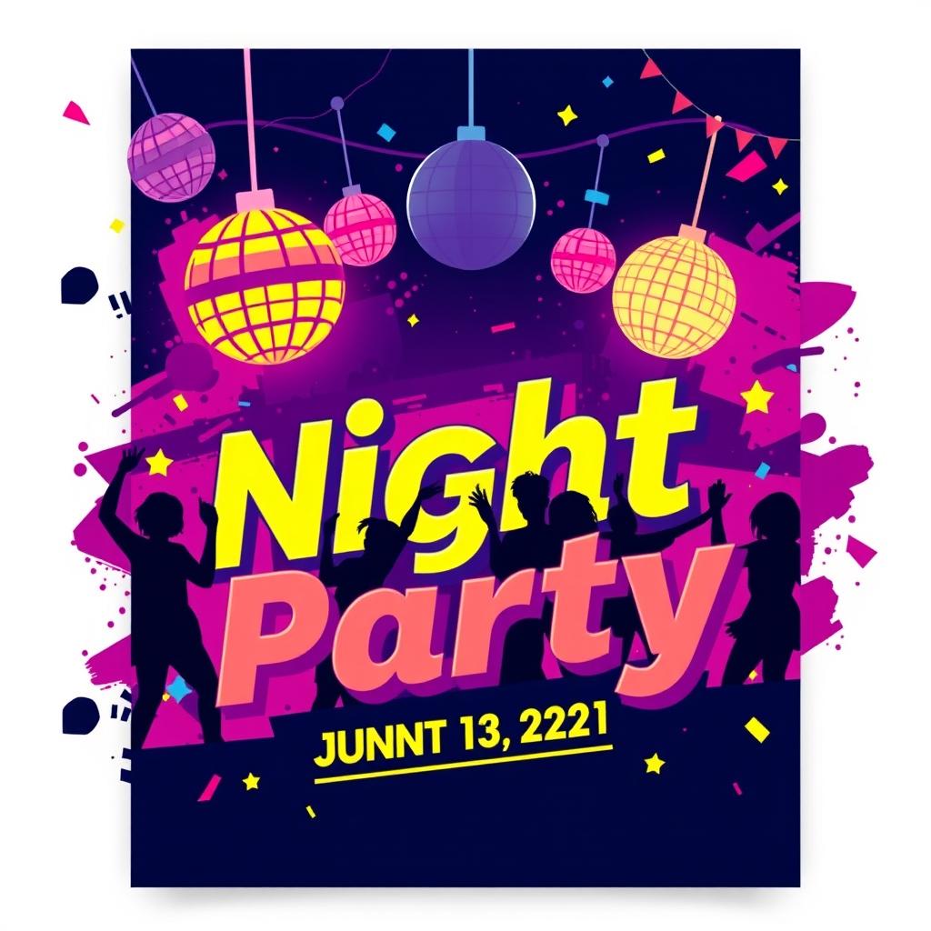 A vibrant and energetic party poster for a nighttime gathering of young people