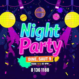 A vibrant and energetic party poster for a nighttime gathering of young people