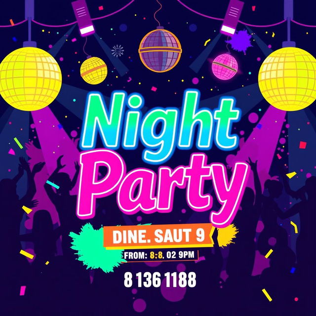 A vibrant and energetic party poster for a nighttime gathering of young people