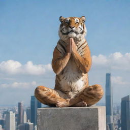 An aged, wise tiger performing yoga at the top of a skyscraper against the sky