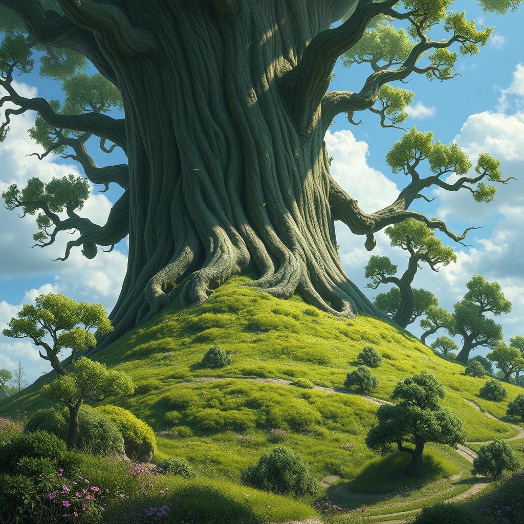 A massive treefolk towering over a lush, green forested hill, with intricate bark detailing resembling ancient runes