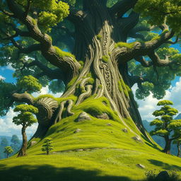 A massive treefolk towering over a lush, green forested hill, with intricate bark detailing resembling ancient runes