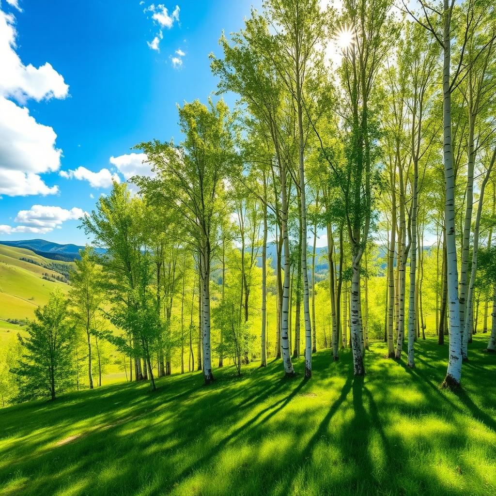 A picturesque landscape of Pando, the vast aspen forest, gracefully walking over a gentle green hill