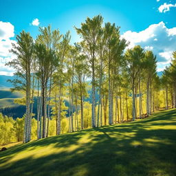 A picturesque landscape of Pando, the vast aspen forest, gracefully walking over a gentle green hill